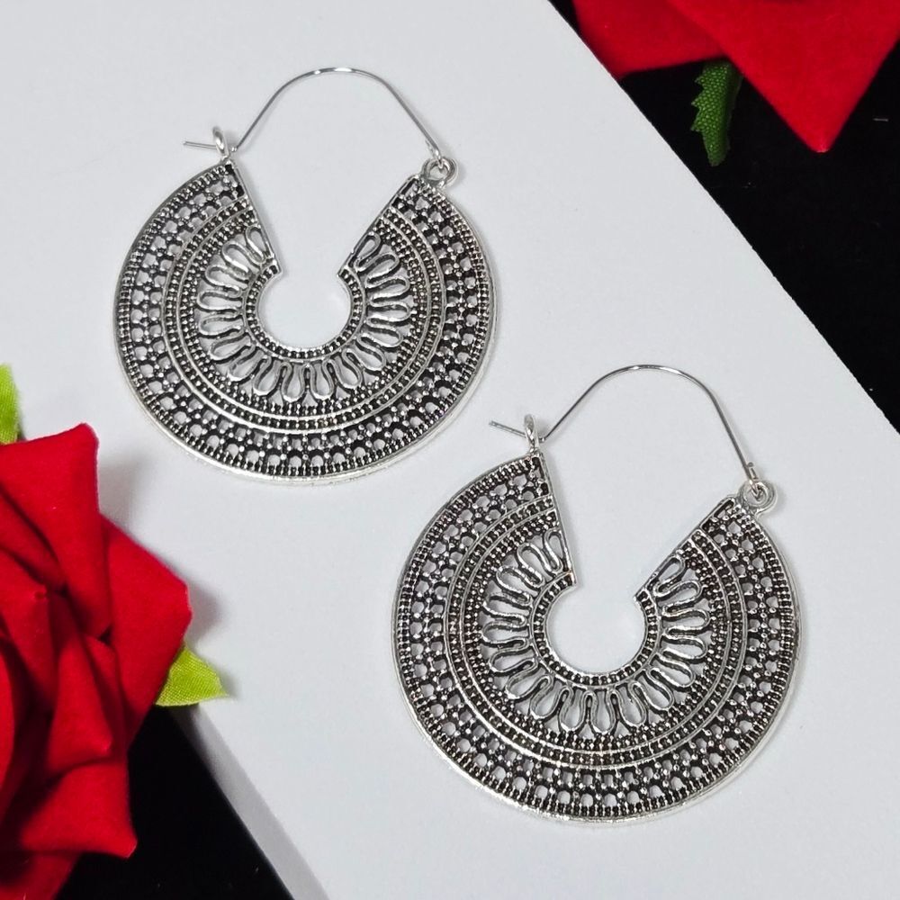 Vintage Bohemian Filigree Hoop Earrings | Bali Gypsy Moroccan Silver Antique